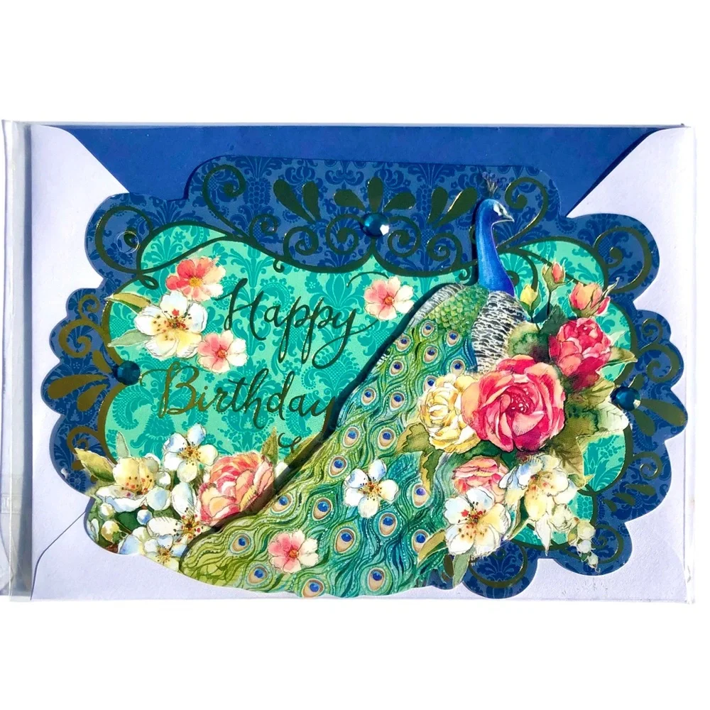 Punch Studio Single(1) 3D Die-Cut Birthday Peacock Card Env+Seal 5” x 7” (68721)